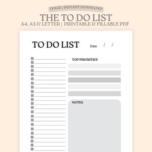 Lista de tareas MONO de 1 página, lista de verificación / prioridades principales / notas, A4 / carta / A5, PDF imprimible y rellenable
