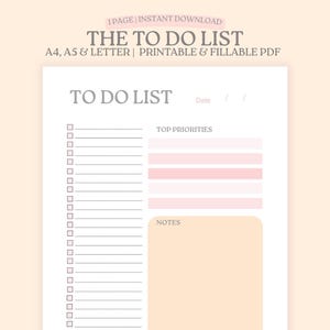 Lista de tareas (1 página), lista de verificación, prioridades principales, notas, tamaño A4, carta, A5, PDF imprimible y rellenable.