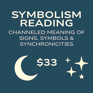 Op de afbeelding: Een teal grafiek met de woorden "SYMBOLISM READING" in het wit. Daaronder staat "CHANNELED MEANING OF SIGNS, SYMBOLS & SYNCHRONICITIES". Een halve maan, het getal 33 en vier sterren zijn ook afgebeeld.