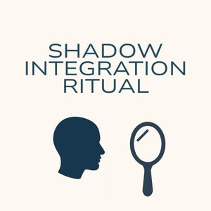 May include: A teal graphic on a cream background. The text "SHADOW INTEGRATION RITUAL" is at the top. Below the text are two teal silhouettes: a person's profile and a hand mirror.