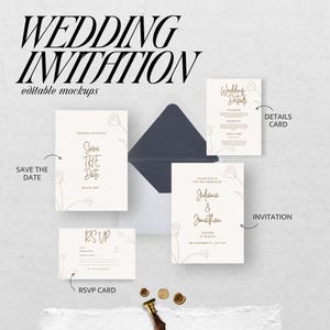 Minimalistische Hochzeitseinladung Vorlage für Canva | Boho editierbares Set mit Save the Date, Antwortkarte, Antwortkarte | Druckbare Blumen einladen.