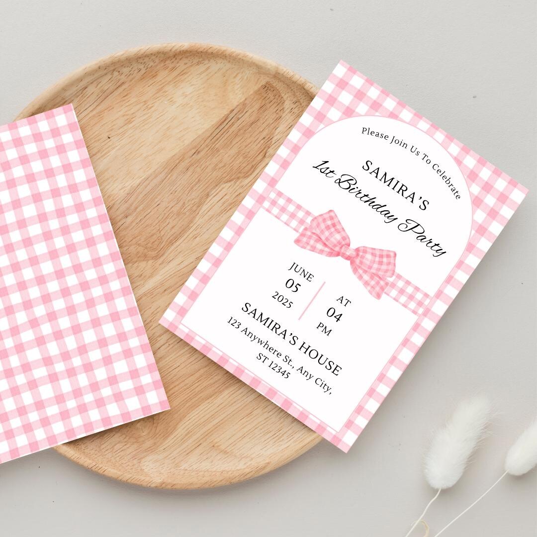 Pink Gingham 1st Birthday Invitation Girl Canva Template | Editable ...