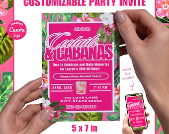 Tropische Geburtstagseinladung Canva Vorlage | Bearbeitbar 5x7 Vorder- und Rückseite | Rosa & Grün Blumen-preppy Party Design | Sofort Download