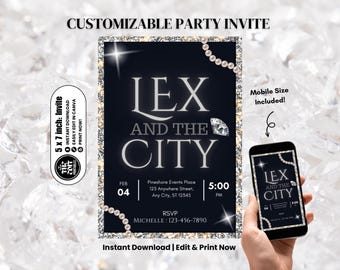 Chic Sex and the City Party-Einladung | Bearbeitbare 5x7 Canva Vorlage | Diamanten, Schwarz & Silberfunkeln einladen | Sofort Download