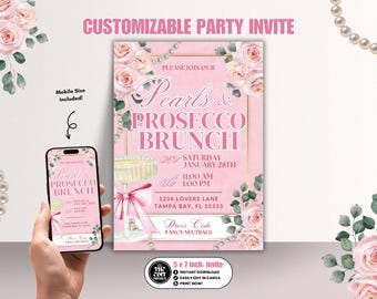 Perlen & Prosecco Brunch Einladung Canva Template | 5x7 bearbeitbare rosa Pastell Party einladen | Sofortdownload | Luxe Girly Design
