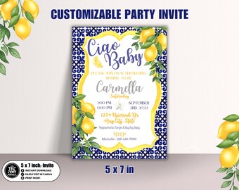 Ciao Baby Shower Einladung Canva Vorlage | Italienisches Positano-Thema | Zitrone & Blaue Fliese Bearbeitbare Party Einladen | 5x7" Sofortdownload