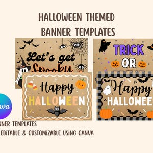 Puede incluir: Cuatro plantillas de banners con temática de Halloween con varios diseños. Un banner dice "Let's get Spooky" con murciélagos y arañas. Otro dice "Trick or Treat" con calabazas y un sombrero de bruja. Los otros dos dicen "Happy Halloween".