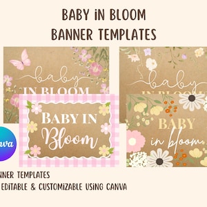 May include: Four baby shower banner templates with floral designs. The banners feature the text "Baby in Bloom" in various styles, with a soft color palette of pink, yellow, and brown. The Canva logo is also visible.