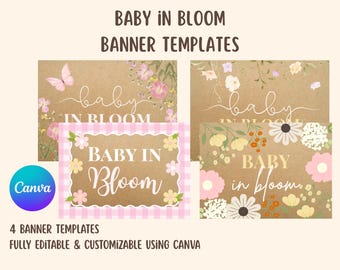 Baby in Bloom Themed Banner Template Package - Set of 4 | Customizable Baby Shower Banner Templates | Digital Floral Banner Template Package