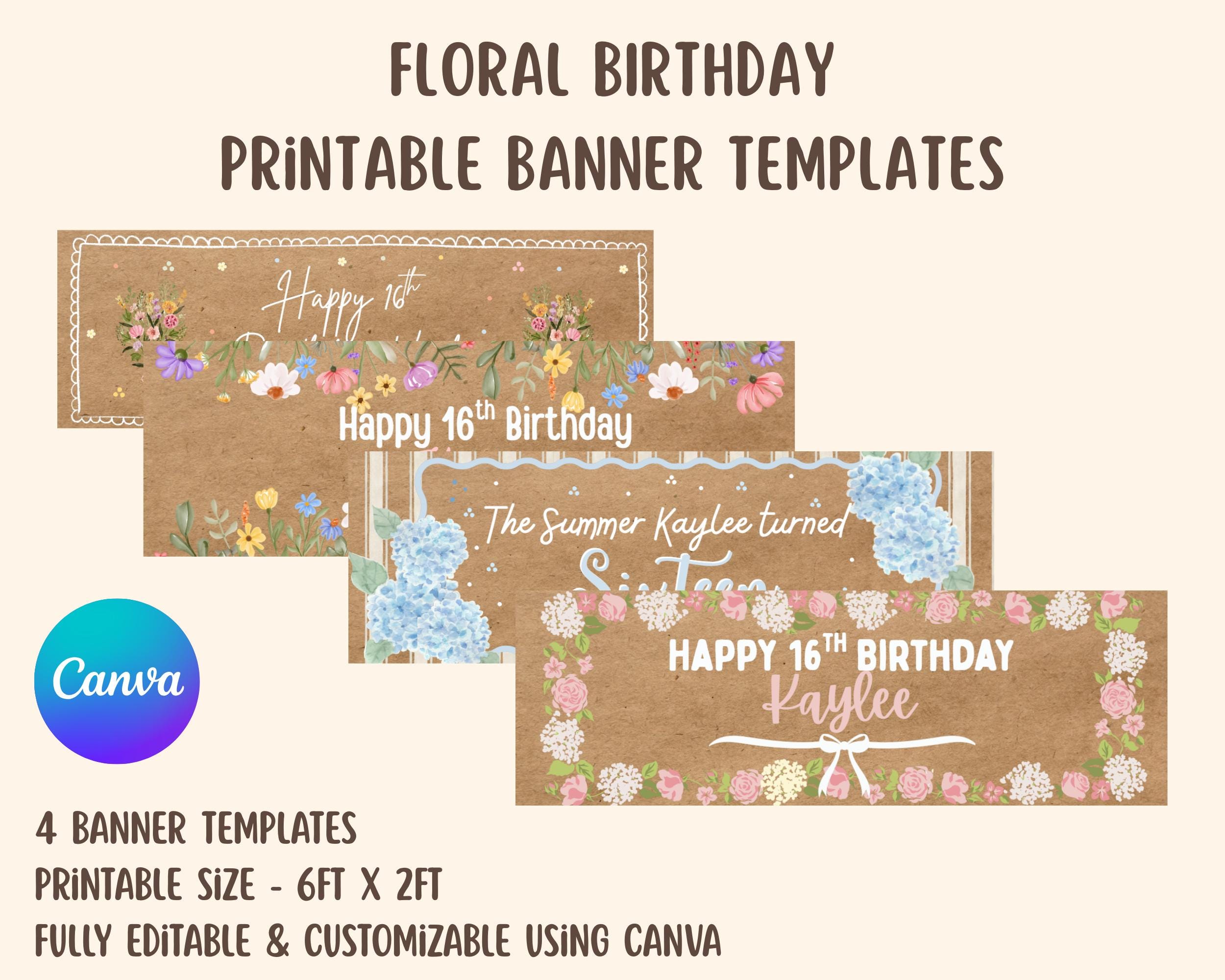 Printable Floral Birthday Banner Template Package - Set of 4 | Digital ...