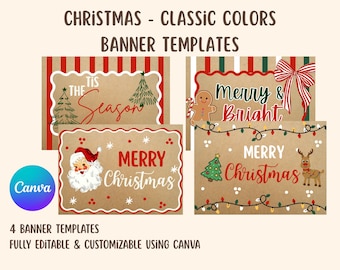 Christmas Banner Digital Template Package - Classic Colors - Set of 4 | Customizable Banner Templates | Digital Banner Template Package