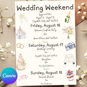 Wedding Weekend Itinerary - Digital Canva Template | Customizable Wedding Itinerary Card Template