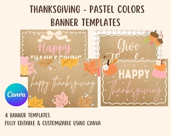 Thanksgiving Banner Digital Template Package - Pastel Colors - Set of 4 | Customizable Banner Templates | Digital Banner Template Package