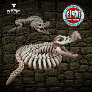 May include: Two 3D-printed reptile skeleton models in a light beige color. One is positioned above the other. The top model is smaller and curled. The bottom model is larger and has a more detailed rib cage. The background is a textured, dark green surface.