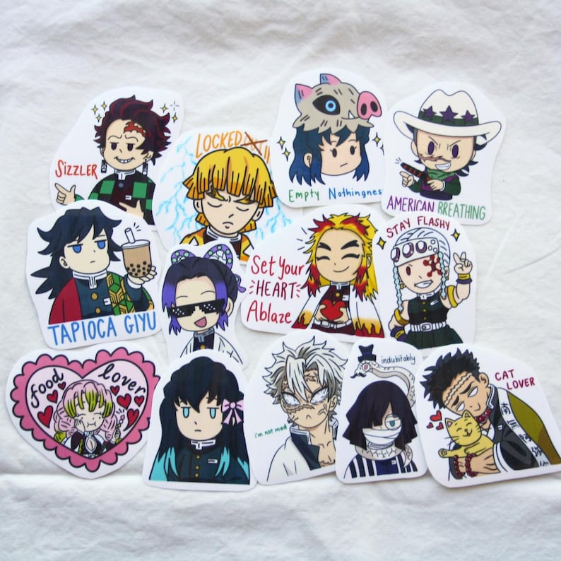 May include: A collection of colorful anime-style stickers featuring various characters with unique expressions and text. The stickers include phrases like "Sizzler," "Tapioca Giyu," and "American Breathing." The designs showcase a variety of vibrant colors and detailed illustrations.