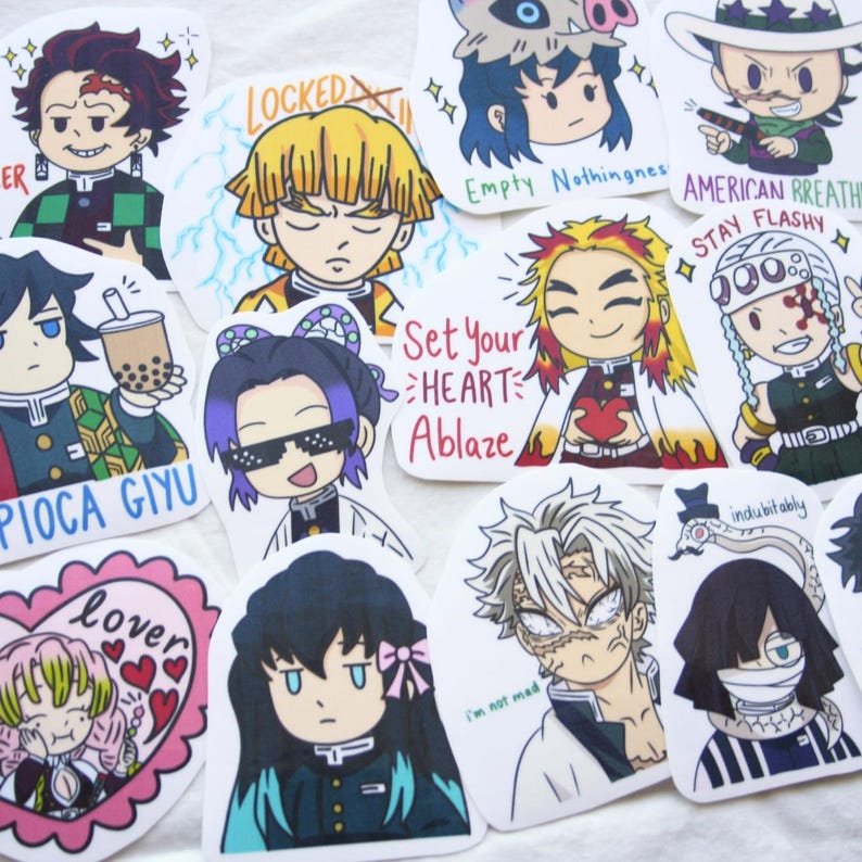 May include: A collection of colorful anime-style stickers featuring various characters. Some stickers have text like "PIOCA GIYU", "Set Your HEART Ablaze", and "STAY FLASHY". The stickers showcase a variety of designs and expressions.