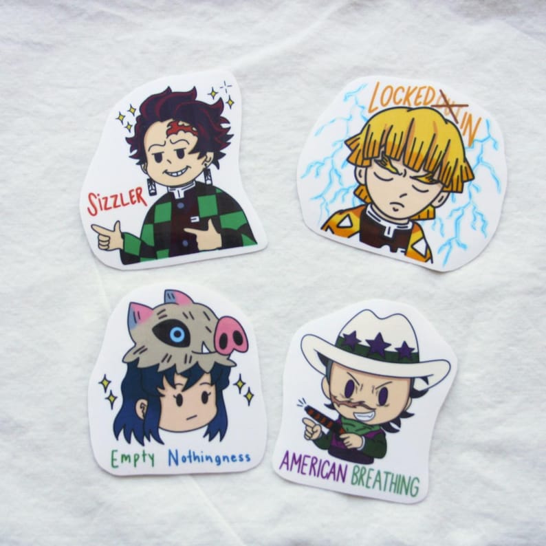 May include: Four cartoon stickers featuring anime characters. One sticker says "Sizzler" and depicts a character with red hair and a green and black checkered pattern. Another says "Locked In" with a character with yellow hair. The third says "Empty Nothingness" and the fourth says "American Breathing".
