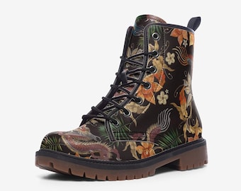 Vegan Leather Y2K Combat Boots With Golden Dragon Print, Lace up