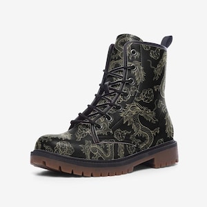 Vegan Leather Combat Boots: Golden Dragon Print Y2K Lace-Up Ankle Boots