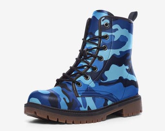 Vegan Leather Blue Camo Combat Boots