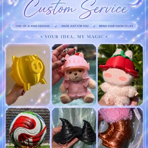 May include: A digital collage featuring the text DM FOR CUSTOM SERVICE, ONE-OF-A-KIND DESIGNS, MADE JUST FOR YOU, BRING YOUR VISION TO LIFE, YOUR IDEA, MY MAGIC, UNIQUE DESIGNS, FAST DELIVERY, 100% SATISFACTION, displaying a gold pig, a bear in pink armor, a plush toy with a red hat, a soccer ball on a gold stand, two black witch hats, and brown boots.