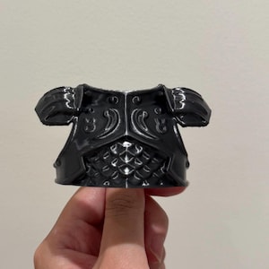 May include: A black, molded plastic chest piece armor accessory featuring a glossy finish, shoulder pauldrons, and a textured scale-like pattern on the lower front section, designed with a rigid structure and symmetrical decorative carvings.