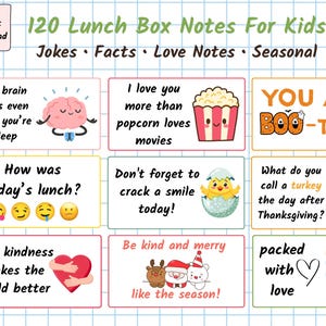 Puede incluir: Una descarga digital con 120 notas para loncheras para niños, que incluyen chistes, datos, notas de amor y mensajes de temporada. Las notas tienen ilustraciones coloridas y afirmaciones positivas.