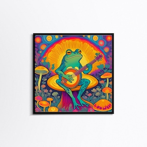 Frog playing the banjo - Psychedelic digital print | colorful wall art, home decor, poster