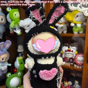 Fully Handmade Black Rocker Bunny  Clothes，Fits Gen 1/2/3 (17cm doll)、Cute Miniature Clothes、Perfect Halloween Gift、Doll Not Included