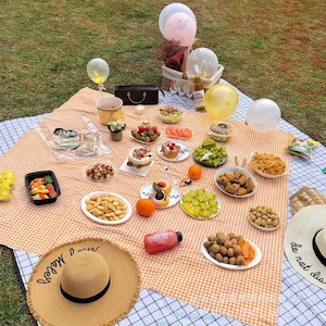 May include: A picnic scene on a checkered orange and white blanket, featuring various foods like fruits, pastries, and snacks. Includes a straw hat, balloons, and a picnic basket. The scene is set on a grassy area.
