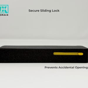 May include: Black rectangular device with a yellow sliding lock. The text "Secure Sliding Lock" and "Prevents Accidental Opening" are displayed. The logo for "CALVORAX" is in the upper left corner.