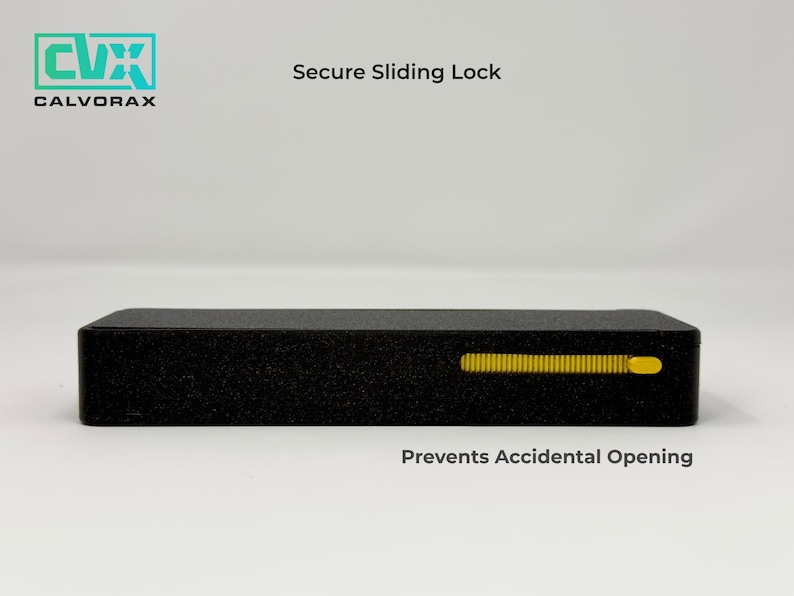 May include: Black rectangular device with a yellow sliding lock. The text "Secure Sliding Lock" and "Prevents Accidental Opening" are displayed. The logo for "CALVORAX" is in the upper left corner.