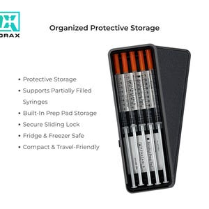 May include: A black case labeled "Organized Protective Storage" holds several syringes with orange plungers. The case also features the "CALVORAX" logo and bullet points describing its features, including built-in prep pad storage and a secure sliding lock.