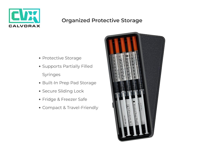 May include: A black case labeled "Organized Protective Storage" holds several syringes with orange plungers. The case also features the "CALVORAX" logo and bullet points describing its features, including built-in prep pad storage and a secure sliding lock.