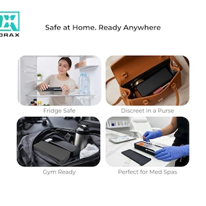 May include: The image showcases a product with the text "Safe at Home. Ready Anywhere." It features a black rectangular item in various settings: a refrigerator, a purse, a gym bag, and a medical spa setting. The brand name "CALVORAX" is also visible.