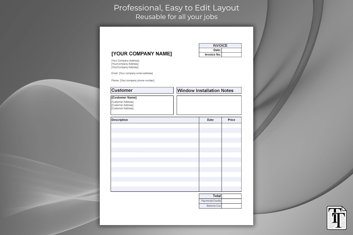 Window Installation Invoice Template – Editable Billing Form – Fillable ...