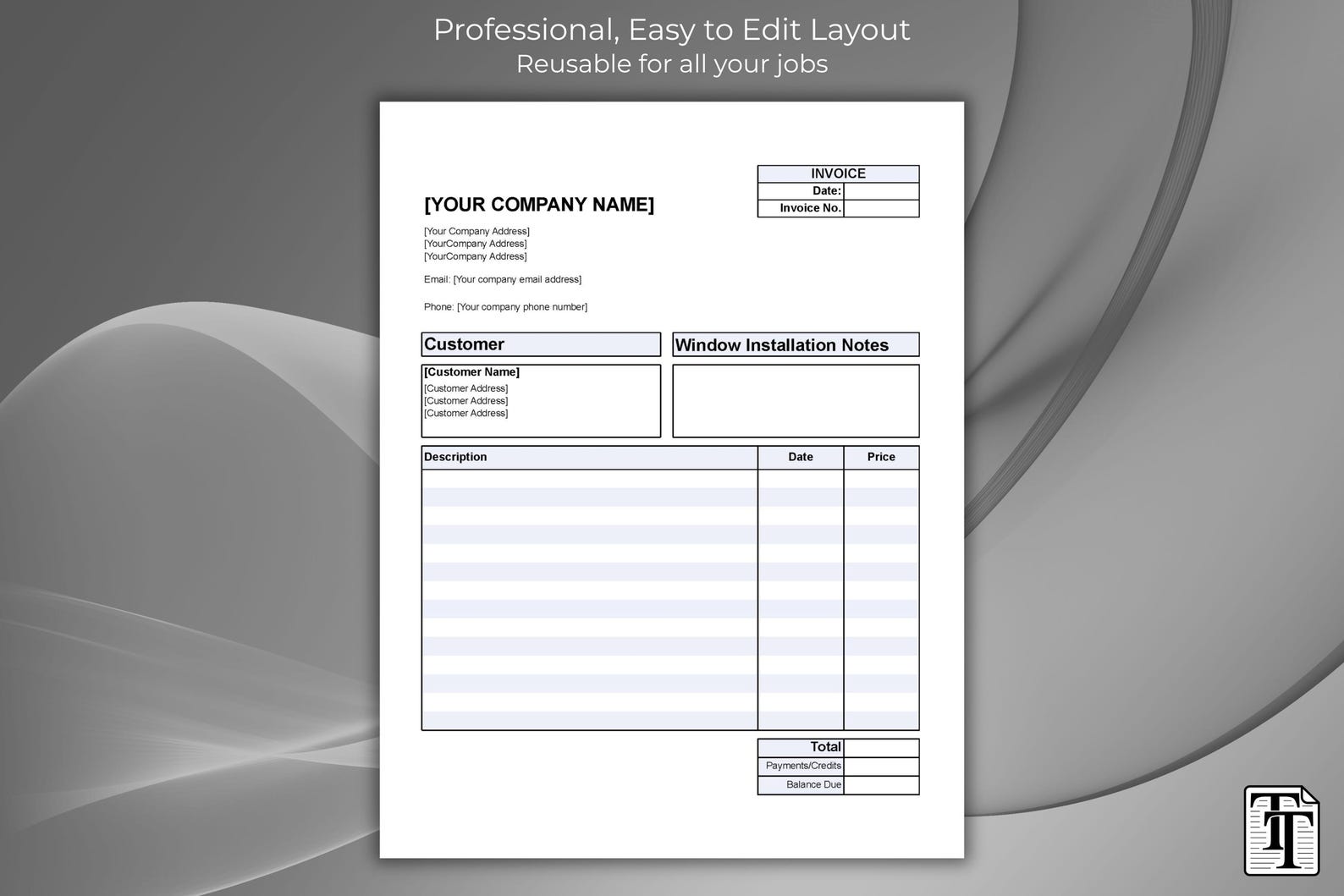 Window Installation Invoice Template – Editable Billing Form – Fillable ...