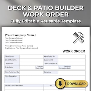 Puede incluir: Una plantilla de orden de trabajo blanca para constructores de cubiertas y patios. El documento incluye campos para la información de la empresa, los detalles del cliente y las descripciones del trabajo. El texto "DECK & PATIO BUILDER WORK ORDER" está en la parte superior. Un botón dorado de "DESCARGAR" está en la parte inferior.