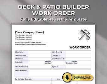 Deck & Patio Builder Work Order Template: Editable Job Form (Digital Download)