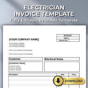 Könnte beinhalten: Eine weiße Elektriker-Rechnungsvorlage mit dem Text "ELECTRICIAN INVOICE TEMPLATE" oben. Die Vorlage enthält Felder für Unternehmensinformationen, Kundendaten, elektrische Notizen und eine Download-Schaltfläche.