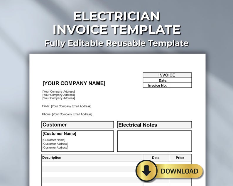 Electrician Invoice Template: Fillable PDF, Excel, Word & Numbers - Etsy
