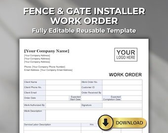 Fence & Gate Installer Work Order Template: Fillable PDF, Word, Excel (Digital Download)