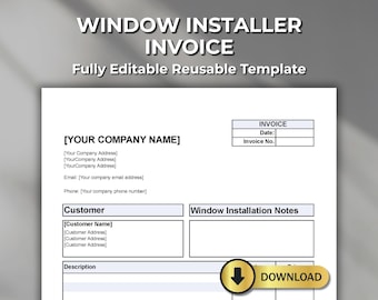 Window Installation Invoice Template – Editable Billing Form – Fillable PDF, Word, Excel, Numbers - Digital Download.