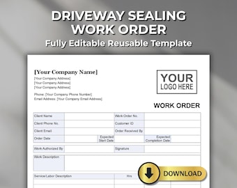 Driveway Sealer Work Order Template: Asphalt Repair Form (Digital Download)