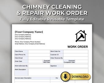 Chimney Cleaning & Repair Work Order Template – Editable Job Form – Fillable PDF, Word, Excel, Number