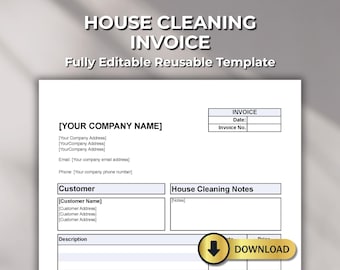 Plantilla de factura de limpieza de casa - Facturación de servicio de limpieza - PDF editable, Excel, Word