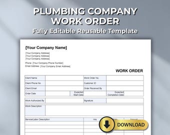 Plumber Work Order Template: Fillable PDF, Excel, Word, Numbers (Instant Download