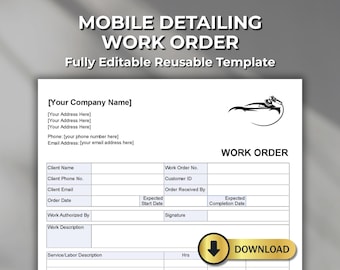 Mobile Detailing Work Order Template – Car Wash Form (Digital Download)
