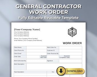 General Contractor Work Order Template – Editable Job Form – PDF Word Excel