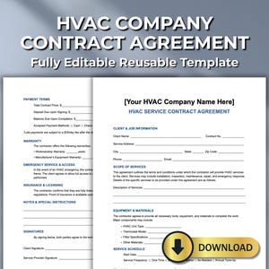 HVAC Service Contract Template - Editable Word and Fillable PDF - HVAC Maintenance & Install Agreement